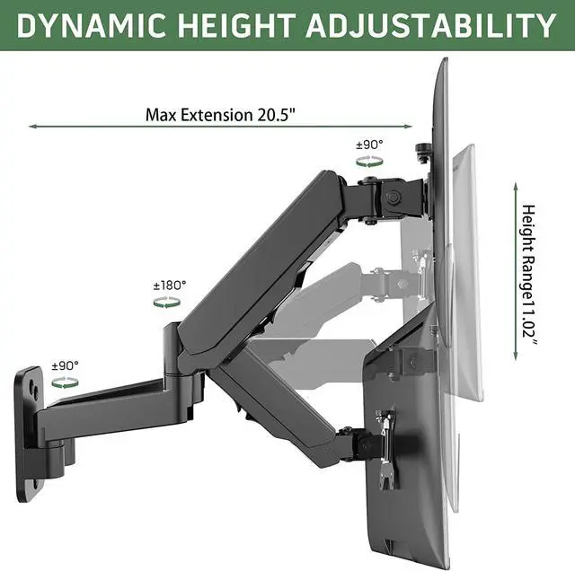 Alt view image 5 of 7 - Dual Monitor Wall Mount, Double Monitor Wall Stand for Two 17-32 inch Flat Computer Screens, Height Adjustable Gas Spring Mounted Bracket Arms Hold up to 17.6lbs, VESA 75/100