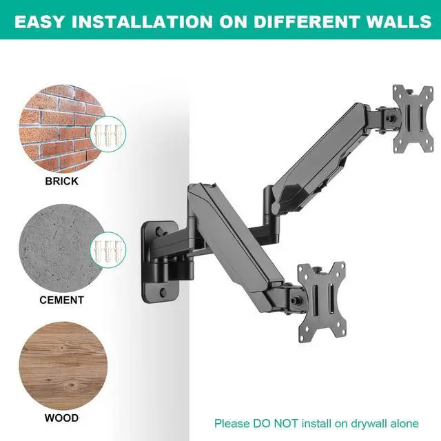 Alt view image 6 of 7 - Dual Monitor Wall Mount, Double Monitor Wall Stand for Two 17-32 inch Flat Computer Screens, Height Adjustable Gas Spring Mounted Bracket Arms Hold up to 17.6lbs, VESA 75/100