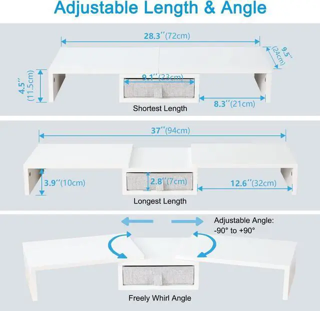 Alt view image 4 of 6 - TEAMIX White Dual Monitor Stand Riser with Drawer - Length and Angle Adjustable Double Corner Desk Shelf Organizer 37 inch Long for 2 Laptop/PC/Screen/TV