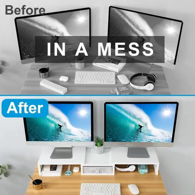 Alt view image 6 of 6 - TEAMIX White Dual Monitor Stand Riser with Drawer - Length and Angle Adjustable Double Corner Desk Shelf Organizer 37 inch Long for 2 Laptop/PC/Screen/TV
