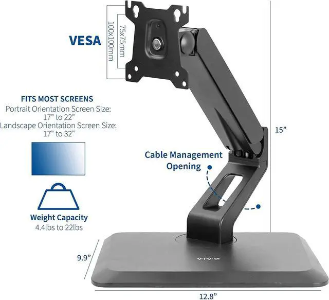Alt view image 4 of 7 - Premium VESA Single 17 to 32 inch Computer Monitor & Touch Screen Desk Stand with Rotating Base Freestanding Pneumatic Height Adjustable Arm Mount STAND-V001R