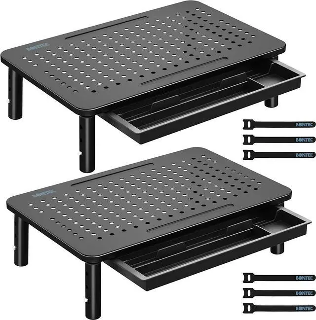 Main image of BONTEC 2 Pack Monitor Stand Riser with Drawer, 3 Height Adjustable PC Monitor Riser for Desk with Mesh Platform for Laptop, Computer, iMac, PC, Printer up to 44LBS/20KG, Cable Ties Included