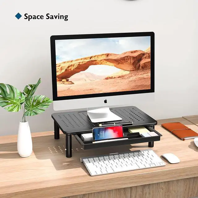 Alt view image 2 of 7 - BONTEC 2 Pack Monitor Stand Riser with Drawer, 3 Height Adjustable PC Monitor Riser for Desk with Mesh Platform for Laptop, Computer, iMac, PC, Printer up to 44LBS/20KG, Cable Ties Included