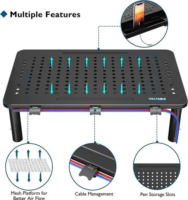 Alt view image 3 of 7 - BONTEC 2 Pack Monitor Stand Riser with Drawer, 3 Height Adjustable PC Monitor Riser for Desk with Mesh Platform for Laptop, Computer, iMac, PC, Printer up to 44LBS/20KG, Cable Ties Included