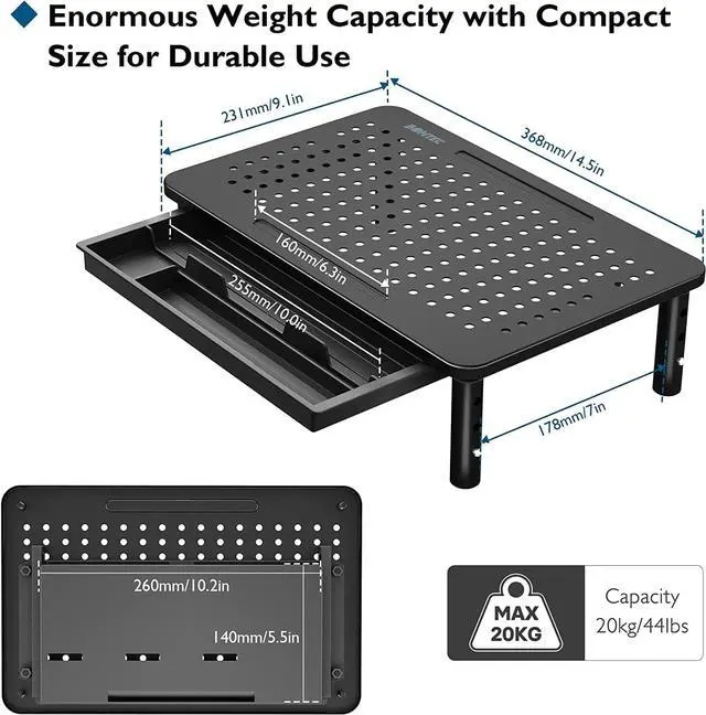 Alt view image 5 of 7 - BONTEC 2 Pack Monitor Stand Riser with Drawer, 3 Height Adjustable PC Monitor Riser for Desk with Mesh Platform for Laptop, Computer, iMac, PC, Printer up to 44LBS/20KG, Cable Ties Included