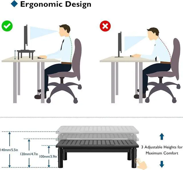 Alt view image 6 of 7 - BONTEC 2 Pack Monitor Stand Riser with Drawer, 3 Height Adjustable PC Monitor Riser for Desk with Mesh Platform for Laptop, Computer, iMac, PC, Printer up to 44LBS/20KG, Cable Ties Included