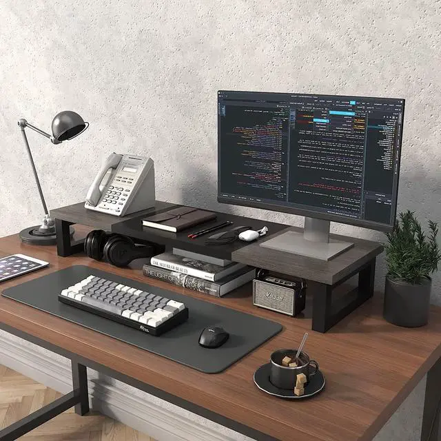 Alt view image 6 of 7 - WESTREE Dual Monitor Stand Riser, Wood and Steel Monitor Stand Riser, Computer Monitor Stand for 2 Monitors, Multi-Purpose Desktop Storage Stand for Computer,Laptop,Printer,TV