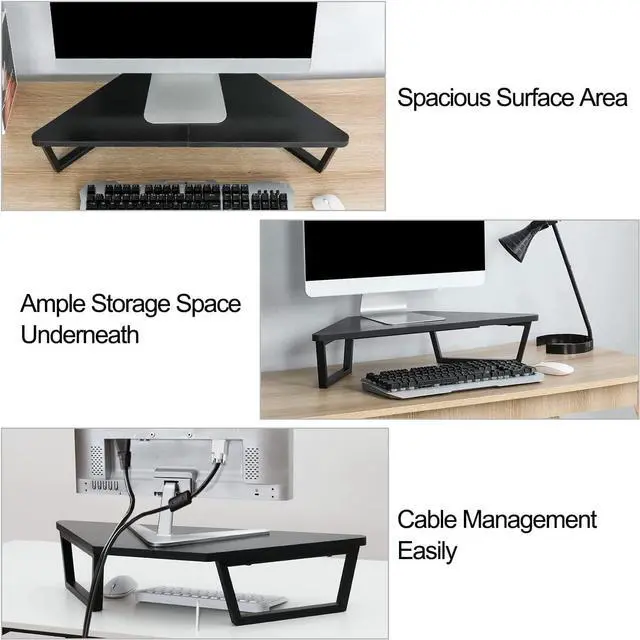 Alt view image 3 of 6 - TEAMIX 26 inch Triangle Monitor Stand Riser, Desktop Corner Shelf with Metal Leg Wood Computer Stand with Storage Laptop Riser Office Organization