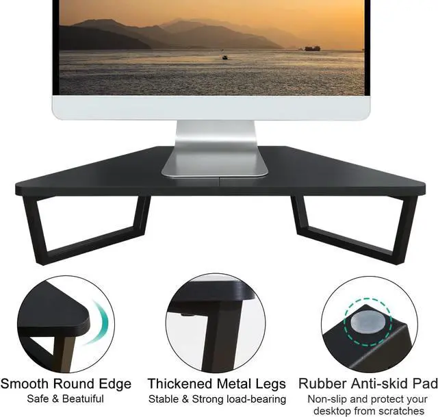 Alt view image 4 of 6 - TEAMIX 26 inch Triangle Monitor Stand Riser, Desktop Corner Shelf with Metal Leg Wood Computer Stand with Storage Laptop Riser Office Organization