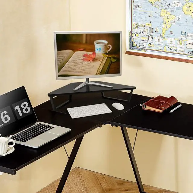Alt view image 6 of 6 - TEAMIX 26 inch Triangle Monitor Stand Riser, Desktop Corner Shelf with Metal Leg Wood Computer Stand with Storage Laptop Riser Office Organization