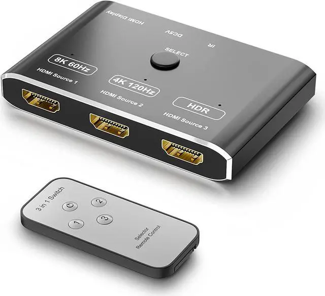 Alt view image 2 of 7 - CABLEDECONN 3 Port HDMI 2.1 HDR 3In 1Out 8K Switcher with Remote Control Directional 8K@60Hz 4K@120Hz HDR 48Gbps 3D HDMI Video Converter Compatible with PS5 Xbox x HDMI TVs Monitors