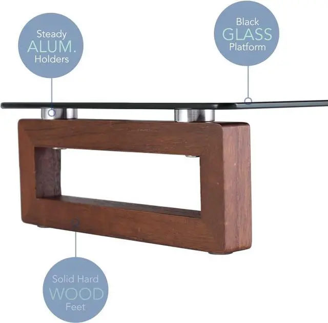 Alt view image 3 of 7 - YEOUX Black Glass Computer Monitor Stand Riser with Wooden Base for Flat Screen LCD, LED TV, Laptop, Printer, Multi Media Desktop Stand, Office Supplies Desk Organization