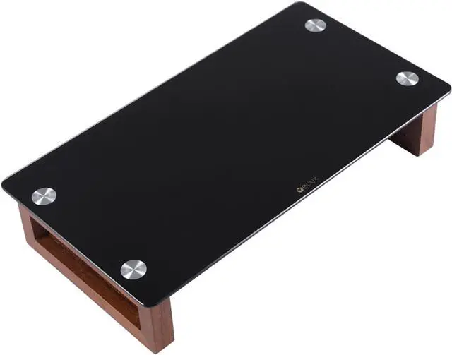 Alt view image 4 of 7 - YEOUX Black Glass Computer Monitor Stand Riser with Wooden Base for Flat Screen LCD, LED TV, Laptop, Printer, Multi Media Desktop Stand, Office Supplies Desk Organization