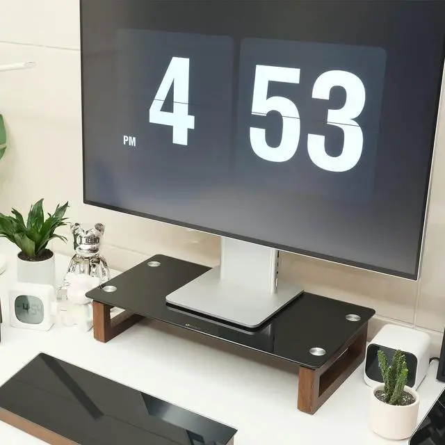 Alt view image 6 of 7 - YEOUX Black Glass Computer Monitor Stand Riser with Wooden Base for Flat Screen LCD, LED TV, Laptop, Printer, Multi Media Desktop Stand, Office Supplies Desk Organization