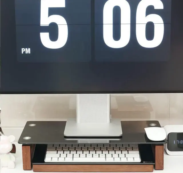 Alt view image 7 of 7 - YEOUX Black Glass Computer Monitor Stand Riser with Wooden Base for Flat Screen LCD, LED TV, Laptop, Printer, Multi Media Desktop Stand, Office Supplies Desk Organization