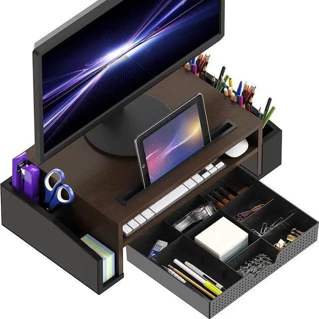 Alt view image 2 of 6 - Simple Houseware Desk Monitor Stand Riser with Adjustable Organizer tray, Espresso