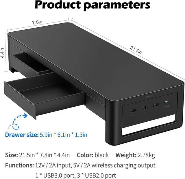 Alt view image 6 of 7 - meatanty 2 in 1 Monitor Stand Riser with 2 Storage Drawers and 4 USB Ports, Metal Computer Monitor Stand Supports Transfer Data and Charging, Desk Organizer for PC,Laptop,iMac (21 inches)
