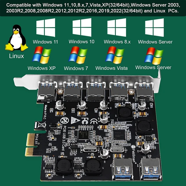 Alt view image 6 of 7 - 7-Ports Superspeed 5Gbps PCIE USB 3.0 Expansion Card for Windows 11, 10, 8.x, 7, Vista, XP Desktop PCs, Built in FebSmart Self-Powered Technology, No Need Additional Power Supply (FS-U7-Pro)