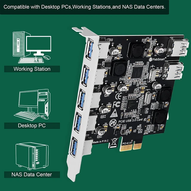 Alt view image 5 of 7 - 7-Ports Superspeed 5Gbps PCIE USB 3.0 Expansion Card for Windows 11, 10, 8.x, 7, Vista, XP Desktop PCs, Built in FebSmart Self-Powered Technology, No Need Additional Power Supply (FS-U7-Pro)