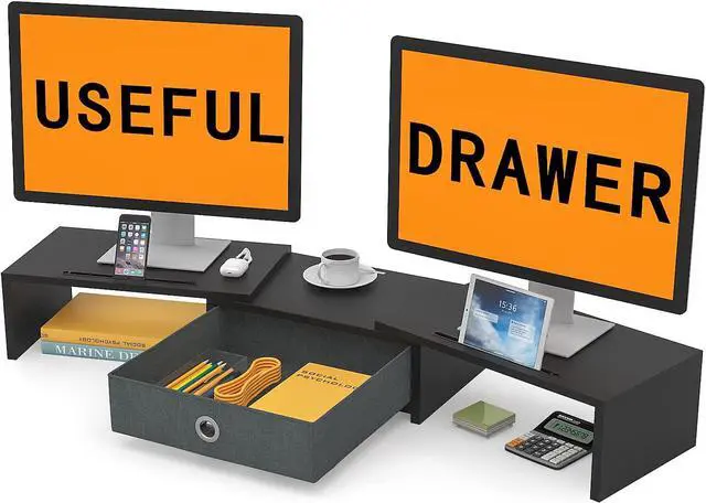 Main image of WESTREE Dual Monitor Stand Riser with Drawer, Adjustable Length and Angle Monitor 2 Solts for Phone & Tablet, Desktop Organizer Stand for Computer/Laptop/PC/Printer