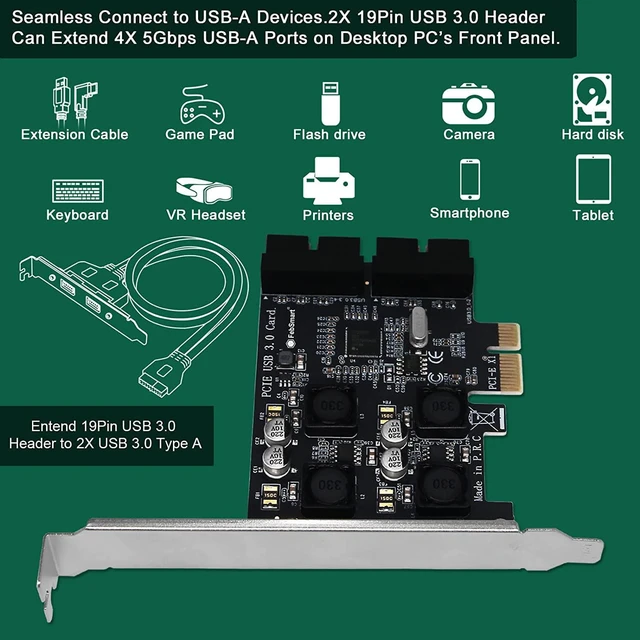 Alt view image 4 of 7 - 2X 19Pin USB 3.0 Header Ports PCIE USB 3.0 5Gbps Expansion Card for Windows and Linux Desktop PCs, Built in FebSmart Self-Powered Technology, No Need Additional Power Supply (FS-H2-Pro)
