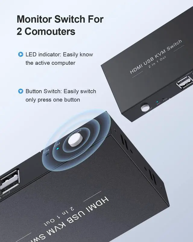 Alt view image 5 of 7 - KVM Switch HDMI 2 Port Box,USB Switch selector with 4 USB 2.0 Hub Share 2 Computers, UHD 4K@30Hz, Support Wireless Keyboard and Mouse, Powered by USB,with 2 HDMI and 2 USB Cables