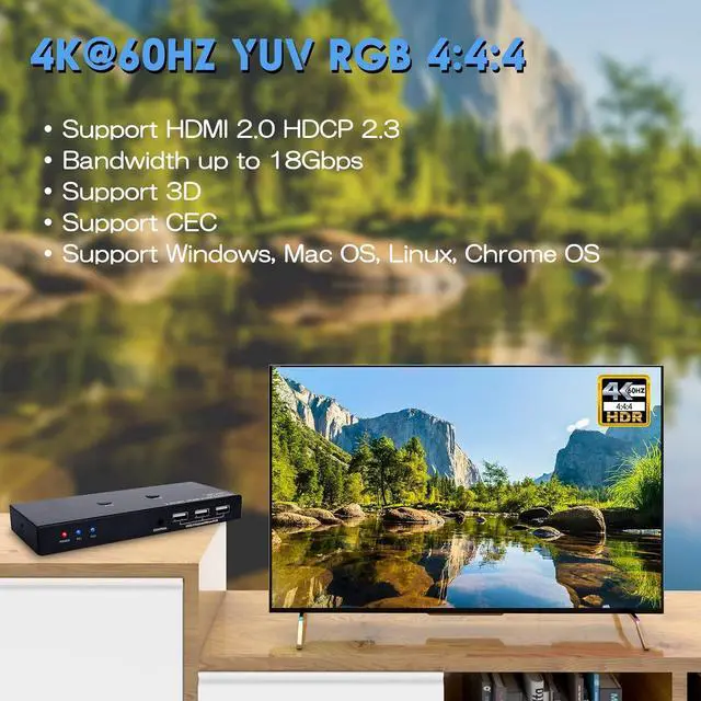 Alt view image 5 of 6 - KVM Switch HDMI 4Kx2K@60Hz, 2 Port USB Switch HDMI Switch for 2 Computers Share One UHD Monitor and Keyboard Mouse Printer, Support 4K@60H YUV RGB 4:4:4, HDCP2.3, with 2 USB Cables and Wired Control
