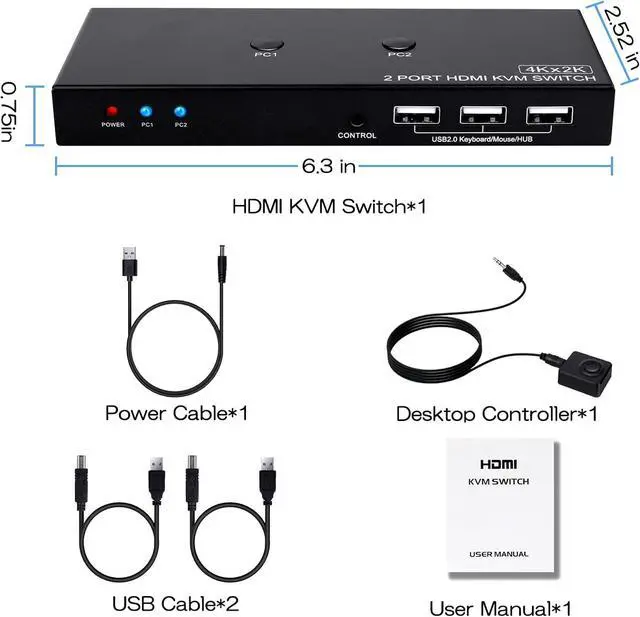 Alt view image 6 of 6 - KVM Switch HDMI 4Kx2K@60Hz, 2 Port USB Switch HDMI Switch for 2 Computers Share One UHD Monitor and Keyboard Mouse Printer, Support 4K@60H YUV RGB 4:4:4, HDCP2.3, with 2 USB Cables and Wired Control