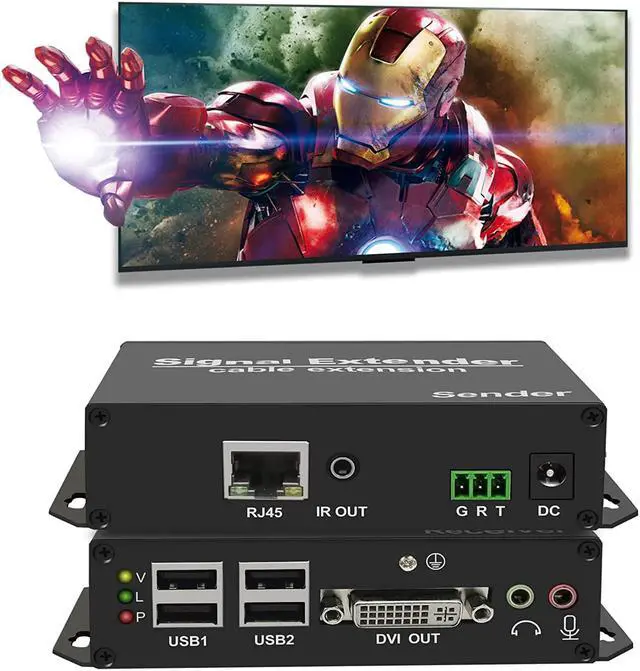 Main image of 4K DVI USB KVM Extender Over Cat5e/6/7 up to 394ft, DVI Extension Adapter Over RJ45 Ethernet with Transmitter and Receiver Extends Video, Audio, 4 Ports USB2.0, IR, RS-232, Near Zero Latency