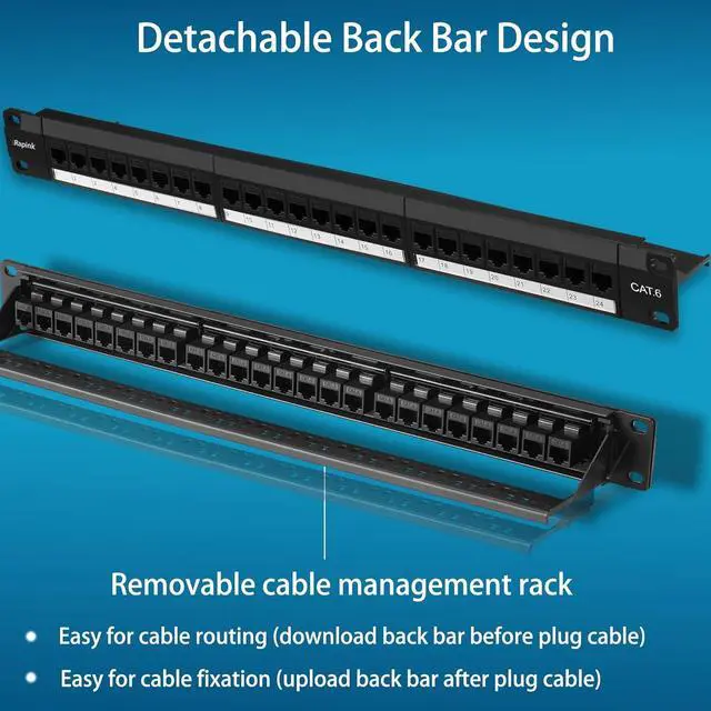 Alt view image 5 of 7 - Rapink Patch Panel 24 Port Cat6 with Inline Keystone 10G Support, Pass-Thru Coupler UTP 19-Inch with Removable Back Bar, 1U Network Patch Panel for Cat6, Cat5e, Cat5 Cabling