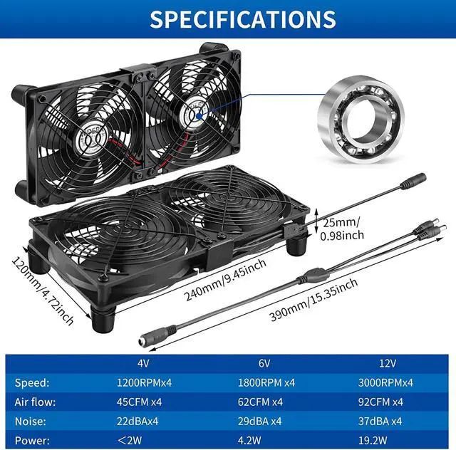 Alt view image 7 of 7 - Wderair 4 x 120mm Server Rack Mount Fan 12V with 100V - 240V AC Power Variable Speed Control, High Airflow for DIY Cooling Mining Rig, AV Cabinets, Home Theater, Refrigerator, Greenhouse