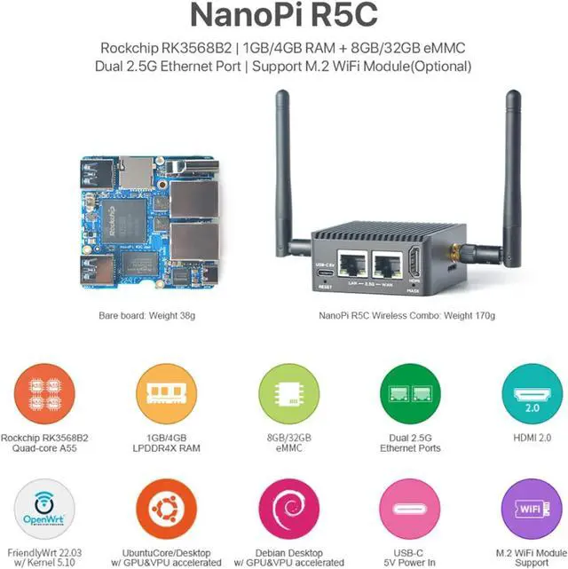 Alt view image 3 of 6 - Nanopi R5C Mini WiFi Router OpenWRT with Dual PCIe 2.5Gbps Ethernet M.2 Key E USB Ports 2GB LPDDR4X RAM 32GB eMMC Based in Rockchip RK3568B2 Soc 0.8T NPU for IOT NAS Smart Home Gateway Support Ubuntu