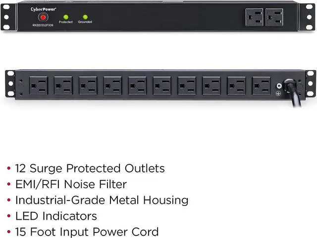 Alt view image 6 of 6 - CyberPower RKBS15S2F10R 15A 12-Outlet 1U RM Rackbar Surge Supressor