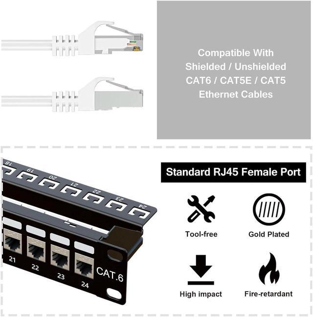 iwillink 24 Port RJ45 Through Coupler 1U Cat6 Patch Panel STP Shielded  19-Inch with Back Bar, Wallmount or Rackmount, Compatible with Cat5, Cat5e,  Cat6 Cabling 