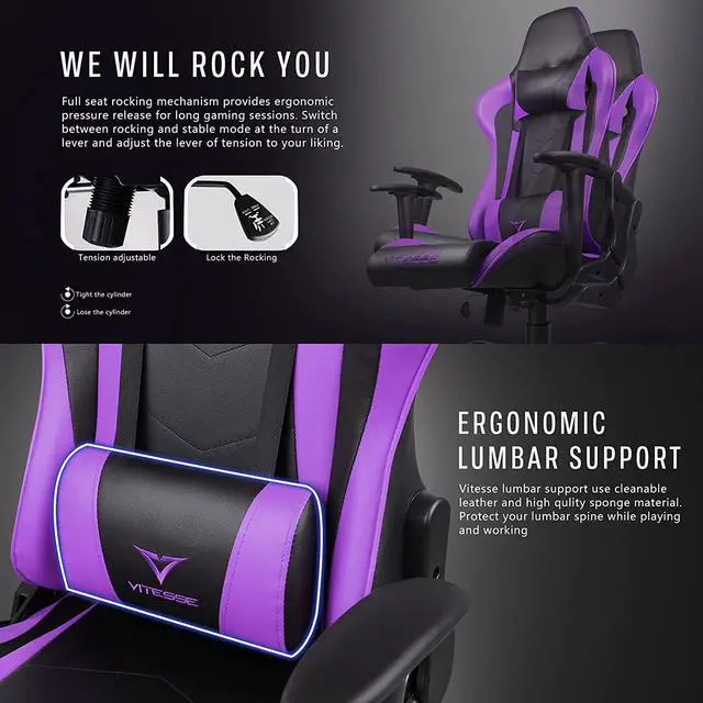 Alt view image 7 of 7 - Generic PUKAMI Gaming Chair High Back for Teens Ergonomic Racing Computer Desk with Comfortable Lumbar Support and Headrest Girl Gamer Height Adjustable (Purple), 48*26*22 inch