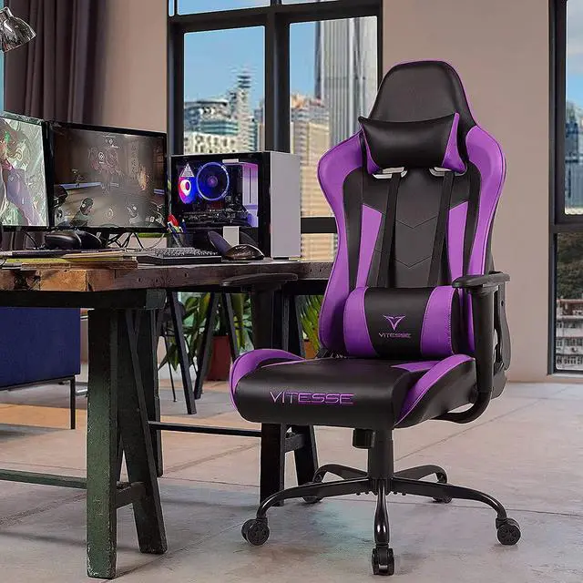 Alt view image 2 of 7 - Generic PUKAMI Gaming Chair High Back for Teens Ergonomic Racing Computer Desk with Comfortable Lumbar Support and Headrest Girl Gamer Height Adjustable (Purple), 48*26*22 inch