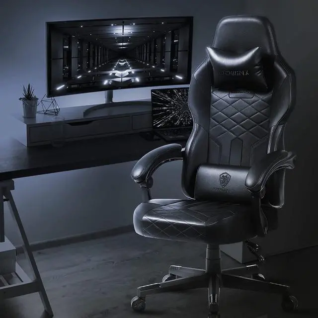 Alt view image 6 of 6 - Dowinx Gaming Chair with Pocket Spring Cushion, Ergonomic Computer Chair High Back, Reclining Game Chair Pu Leather 350LBS, Black