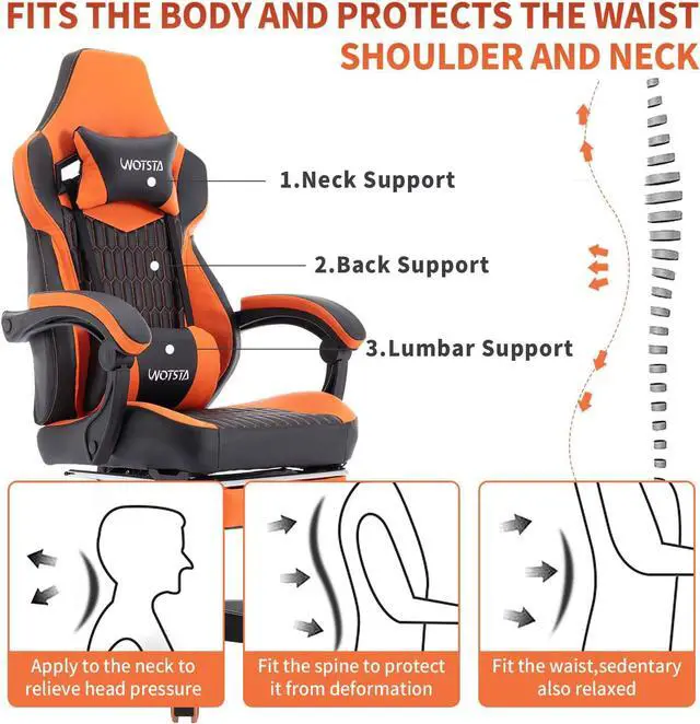 Alt view image 4 of 7 - WOTSTA Gaming Chairs Massage Game Chair with Footrest Reclination Angle Adjustable Backrest Height Gamer Seat Equiped Retractable Wheels (Orange)