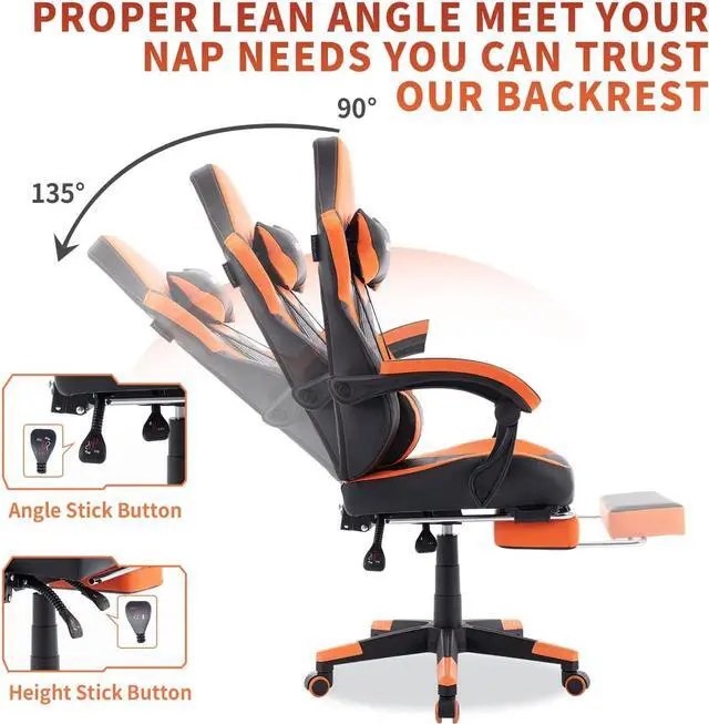 Alt view image 5 of 7 - WOTSTA Gaming Chairs Massage Game Chair with Footrest Reclination Angle Adjustable Backrest Height Gamer Seat Equiped Retractable Wheels (Orange)