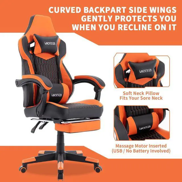 Alt view image 3 of 7 - WOTSTA Gaming Chairs Massage Game Chair with Footrest Reclination Angle Adjustable Backrest Height Gamer Seat Equiped Retractable Wheels (Orange)