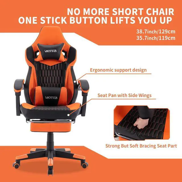 Alt view image 7 of 7 - WOTSTA Gaming Chairs Massage Game Chair with Footrest Reclination Angle Adjustable Backrest Height Gamer Seat Equiped Retractable Wheels (Orange)