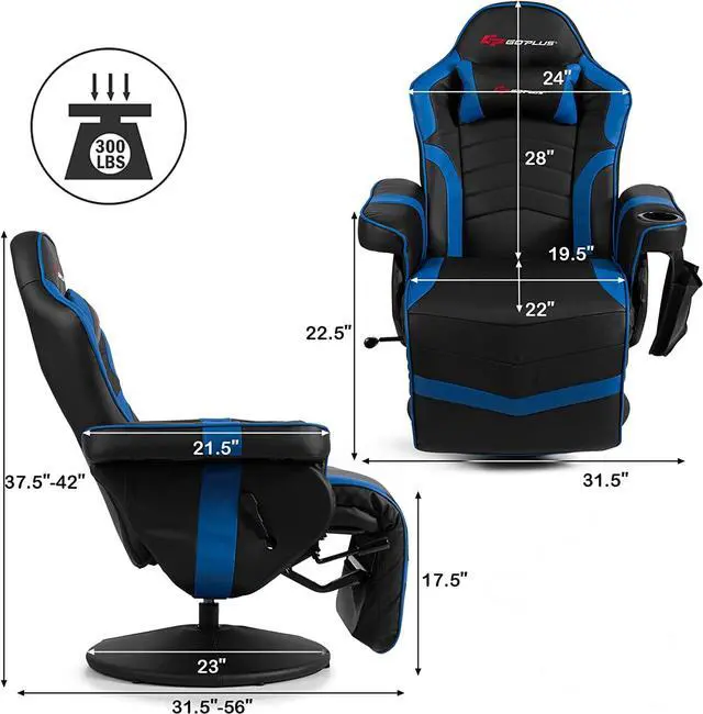 Alt view image 3 of 7 - POWERSTONE Gaming Recliner Massage Gaming Chair with Footrest Ergonomic PU Leather Single Sofa with Cup Holder Headrest and Side Pouch, Adjustable Living Room Chair Seating, Navy Blue