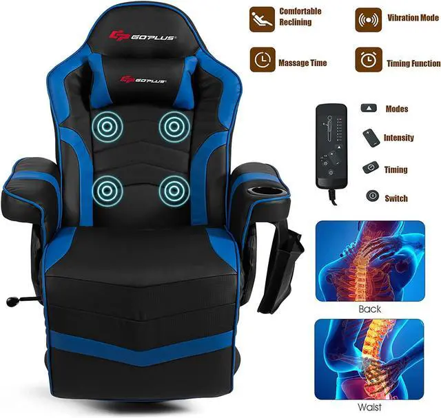 Alt view image 4 of 7 - POWERSTONE Gaming Recliner Massage Gaming Chair with Footrest Ergonomic PU Leather Single Sofa with Cup Holder Headrest and Side Pouch, Adjustable Living Room Chair Seating, Navy Blue