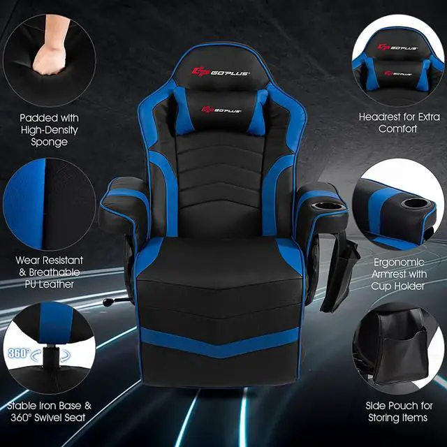 Alt view image 6 of 7 - POWERSTONE Gaming Recliner Massage Gaming Chair with Footrest Ergonomic PU Leather Single Sofa with Cup Holder Headrest and Side Pouch, Adjustable Living Room Chair Seating, Navy Blue