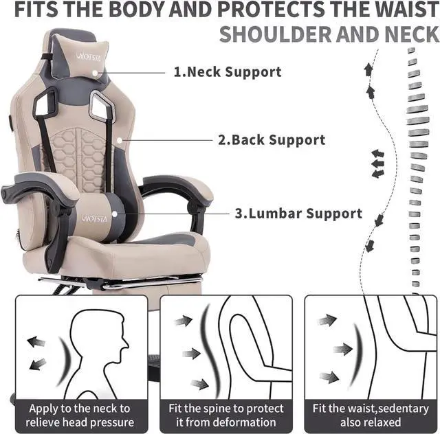 Alt view image 3 of 4 - WOTSTA Gaming Chair with Footrest,High Back Gamer Chair with Massage Reclining Computer Chair Big and Tall Racing Gaming Chair Ergonomic Game Chair for Adults PU Leather (Beige)