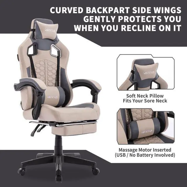 Alt view image 2 of 4 - WOTSTA Gaming Chair with Footrest,High Back Gamer Chair with Massage Reclining Computer Chair Big and Tall Racing Gaming Chair Ergonomic Game Chair for Adults PU Leather (Beige)