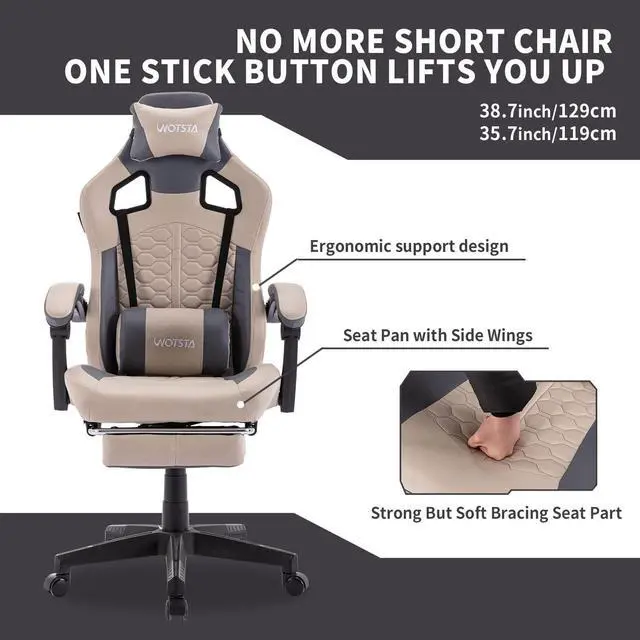 Alt view image 4 of 4 - WOTSTA Gaming Chair with Footrest,High Back Gamer Chair with Massage Reclining Computer Chair Big and Tall Racing Gaming Chair Ergonomic Game Chair for Adults PU Leather (Beige)
