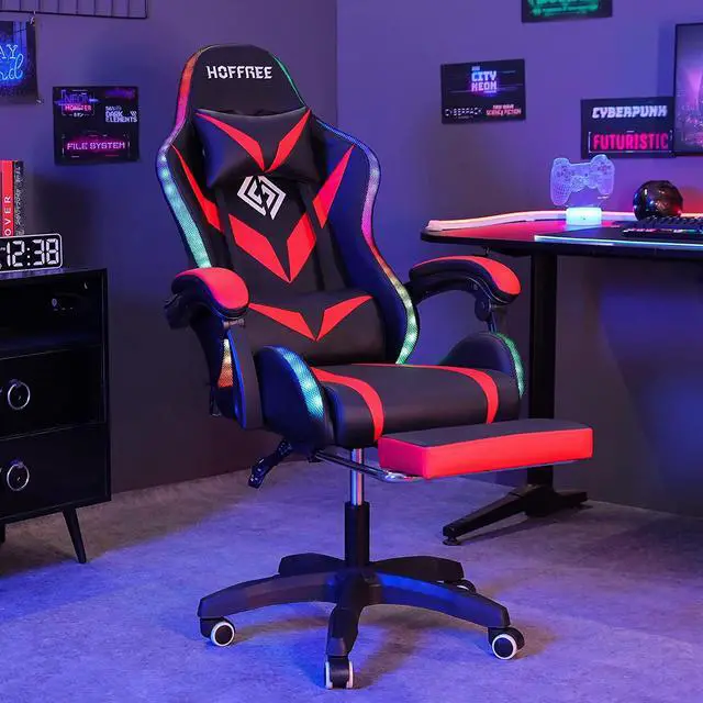 Alt view image 2 of 7 - RGB Gaming Chair with Bluetooth Speakers and LED Lights Ergonomic Massage Computer Game Chair with Footrest High Back Music Video Game Chair with Lumbar Support Red and Black