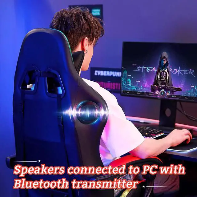Alt view image 5 of 7 - RGB Gaming Chair with Bluetooth Speakers and LED Lights Ergonomic Massage Computer Game Chair with Footrest High Back Music Video Game Chair with Lumbar Support Red and Black