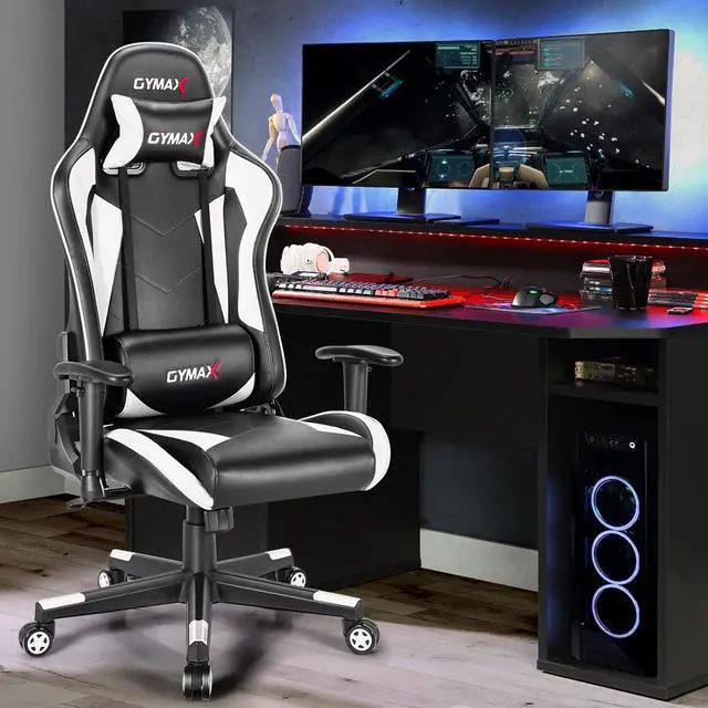 Alt view image 7 of 7 - GYMAX Computer Gaming Chair, Racing Style Office Chair with Adjustable Lumbar Support Headrest, 360° Swivel, Height Adjustable Ergonomic Reclining Gaming Chair for Home Office Leisure Room (White)